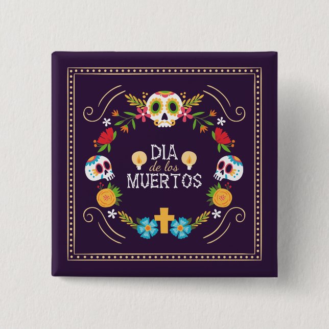 Farbenfrohe Blumenschädel Dia de Muertos | Button (Vorderseite)