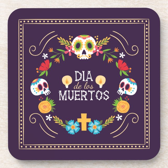 Farbenfrohe Blumenschädel Dia de Muertos | Unterse Getränkeuntersetzer (Vorderseite)