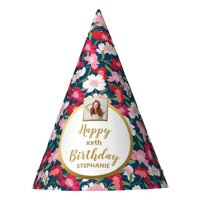 Farbenfrohe Blumenschrift Custom Foto Happy Birthd Partyhütchen (Vorderseite)