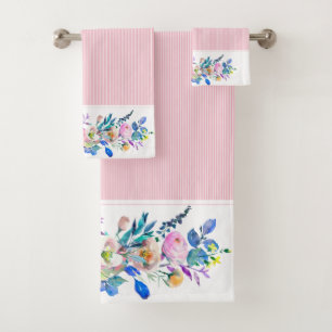 Farbenfrohe Blumenstrauß und rosa Streifen Badhandtuch Set