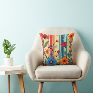 Farbenfrohe Blumenstreifen Regenbogen-Design Kissen