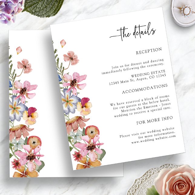Farbenfrohe Blumenzettelkarte Begleitkarte (Colorful Floral Wedding Detail Enclosure Card by Painted Paperie
)