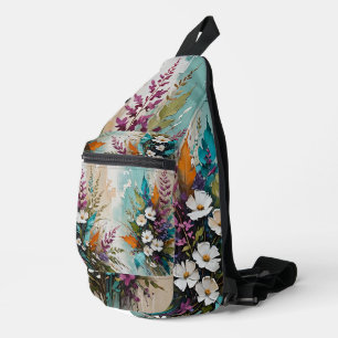 Farbenfrohe Blüte auf Aquamarinem blauen Beige Crossbody Bag