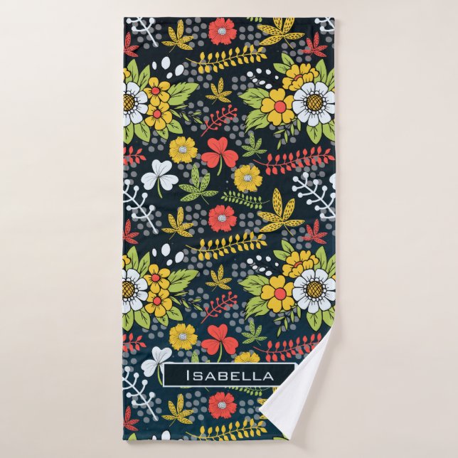 Farbenfrohe Blüte Blumenmuster personalisierter Na Badehandtuch (Badehandtuch)