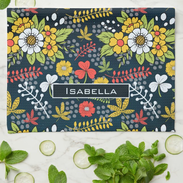 Farbenfrohe Blüte Blumenmuster personalisierter Na Geschirrtuch (Gefaltet)