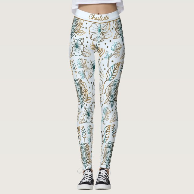 Farbenfrohe Blüte Blumenmuster personalisierter Na Leggings (Vorderseite)