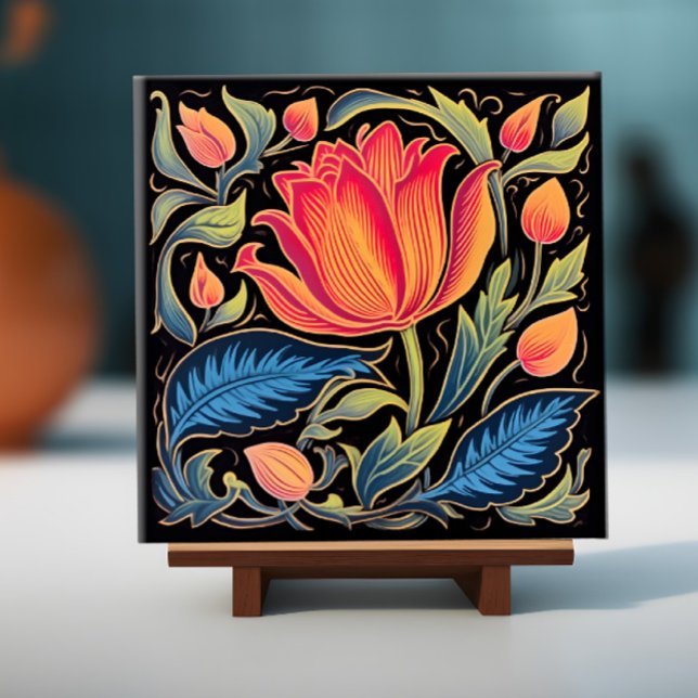Farbenfrohe Blüte schwarz Fliese (Image of a floral tile on a display stand)