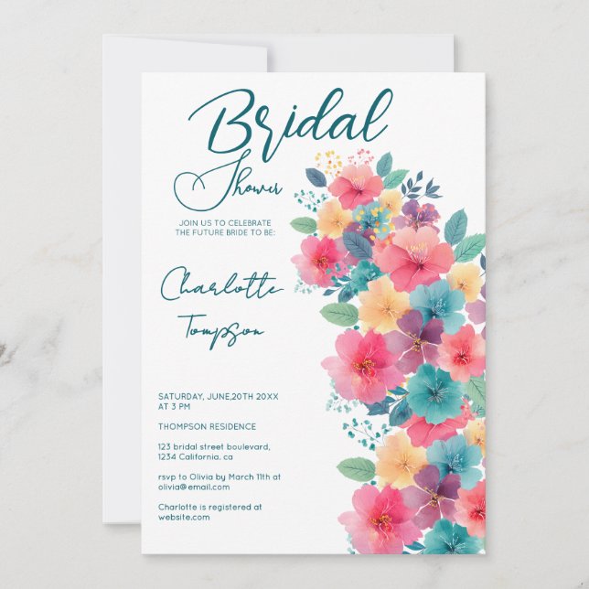 Farbenfrohe Blüten Bridal Bash Einladung (Vorderseite)