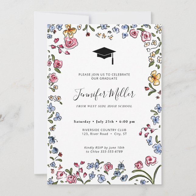 Farbenfrohe Blüten handgezeichnetes Graduierungspa Feiertagskarte (Vorderseite)