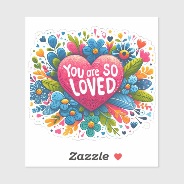 Farbenfrohe Blüten rund um ein liebevolles Herz Aufkleber (Blatt)