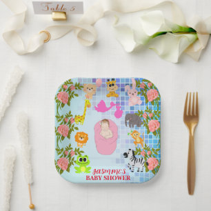Farbenfrohe Blütenblauer Boho Babydusche Papierpla Pappteller