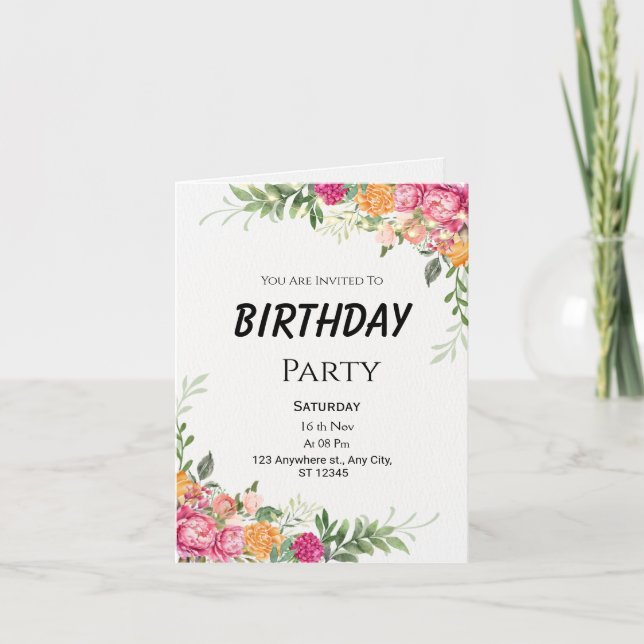 Farbenfrohe Blütengeburt Einladung (Vorderseite)