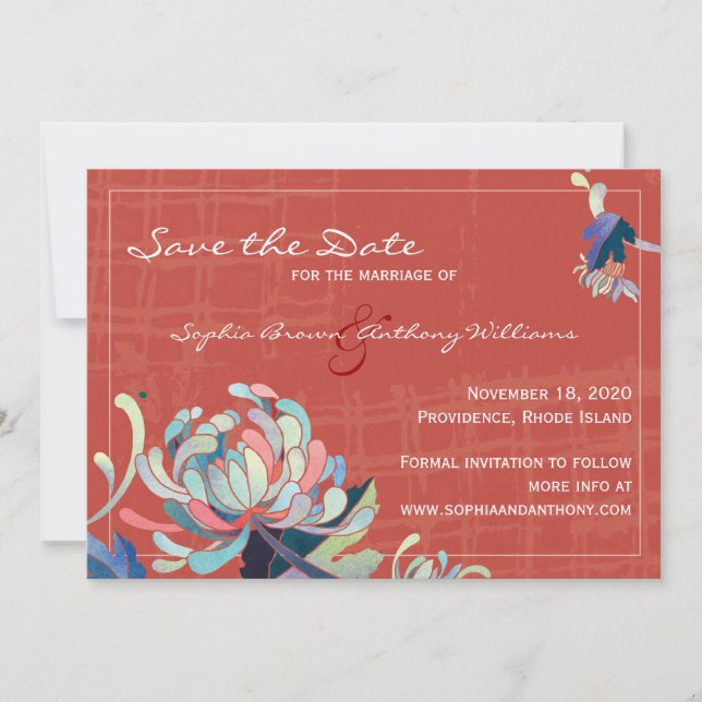 Farbenfrohe Blütenrot-Hochzeit retten das Datum Save The Date (Vorderseite)