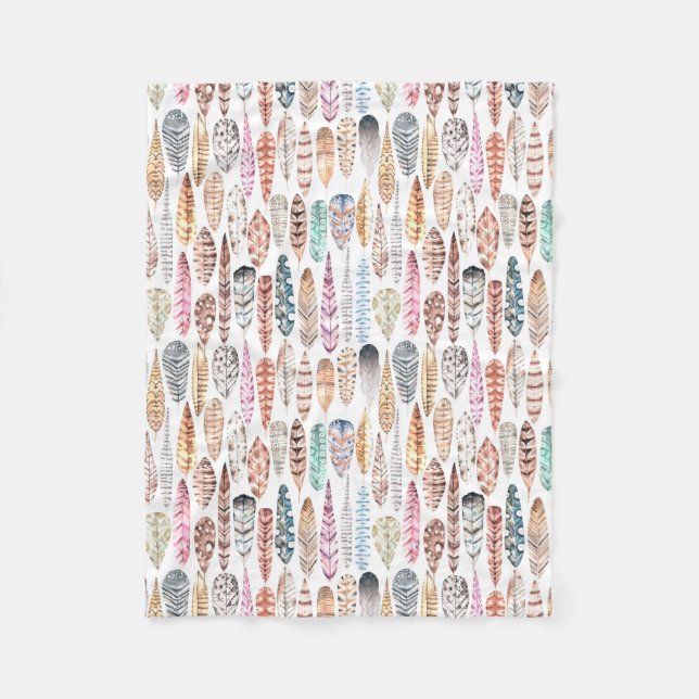 Farbenfrohe Bohemische Tribal-Wasserfarbenfedern Fleecedecke (Vorderseite)