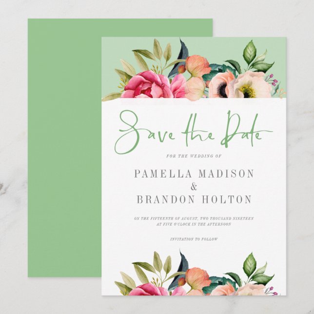 Farbenfrohe boho-Blume Save the Date Typografie Einladung (Vorne/Hinten)