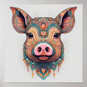 Farbenfrohe Boho Bohemisch Pig Weiße Wand Kunst, K Poster