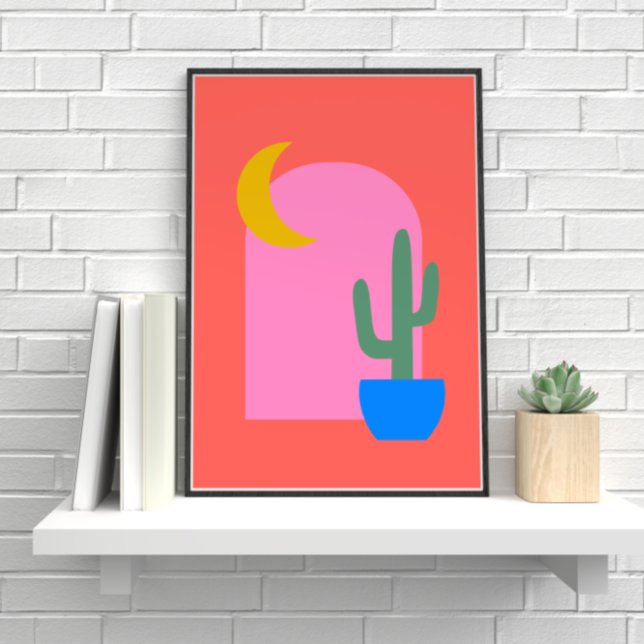 Farbenfrohe Boho Cactus Moon-Formen in Rot und Ros Poster (Von Creator hochgeladen)