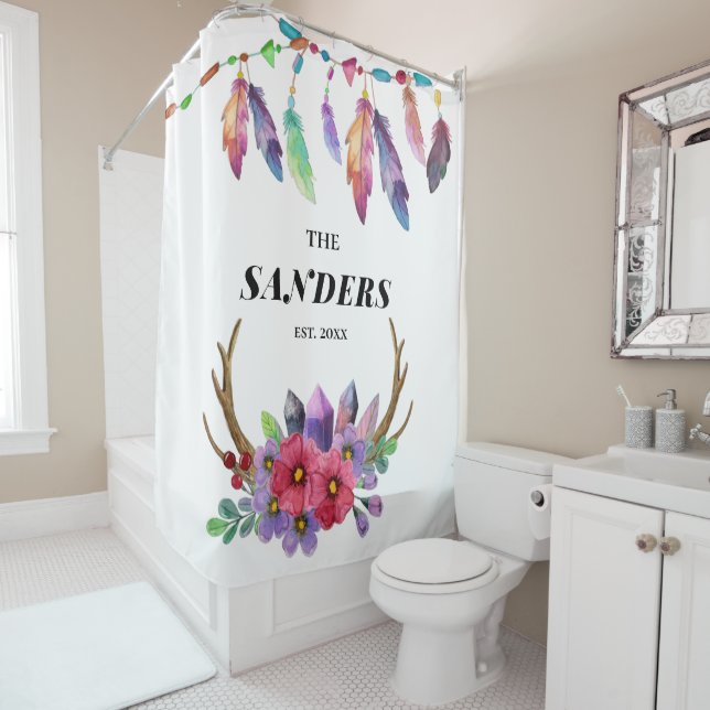 Farbenfrohe Boho Federn und Blume Custom Family Duschvorhang (Beispiel)