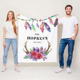 Farbenfrohe Boho Federn und Blume Custom Family Fleecedecke