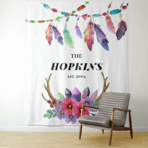 Farbenfrohe Boho-Federn und Blumen benutzerdefinie Wandteppich