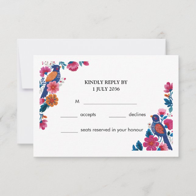 Farbenfrohe Boho-Folk-Vögel und Blumen-Hochzeit RSVP Karte (Vorderseite)