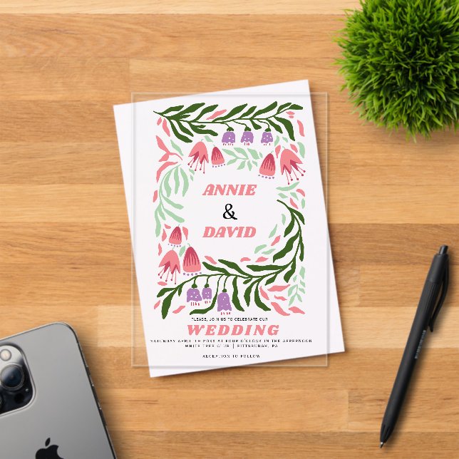 Farbenfrohe Boho Retro-Äste und Blume Hochzeit Acryleinladungen (Insitu (Einladungskarte))