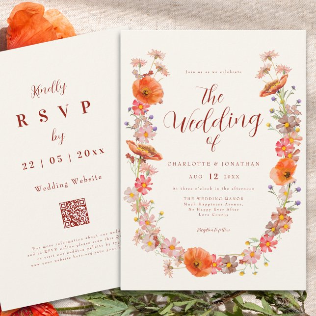 Farbenfrohe Boho Wildblume Hochzeit im Herbst Einladung (Elegant Boho wildflower wedding qr code invitation )