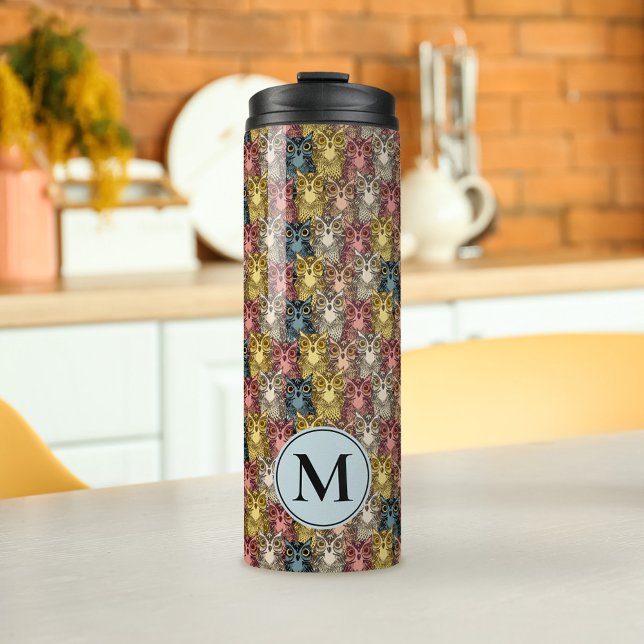 Farbenfrohe Boho Woodland Owl Pattern & Monogram Thermosbecher (Owl Pattern Monogram Tumbler)
