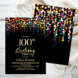 Farbenfrohe Bokeh-Party-Lichter 100. Geburtstagsfe Einladung