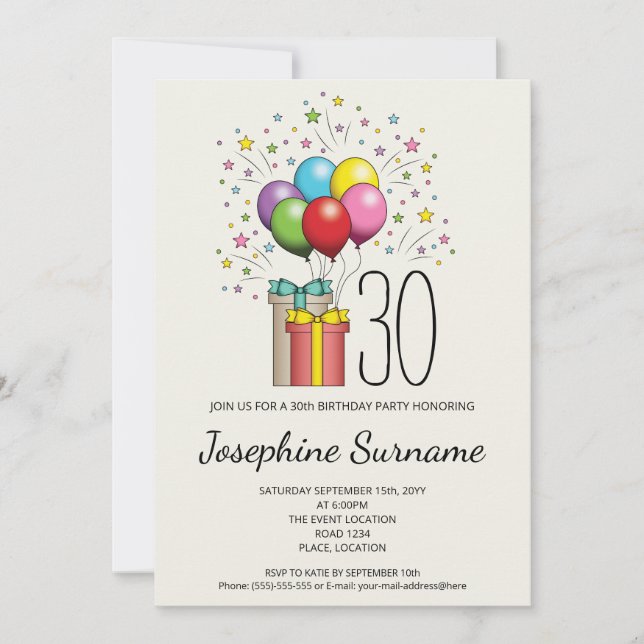 Farbenfrohe Bollons und Geschenke mit Alter Einladung (Vorderseite)