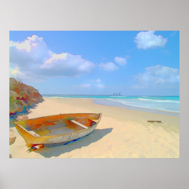 Farbenfrohe Boote auf der Karibikinsel Poster (Vorne)