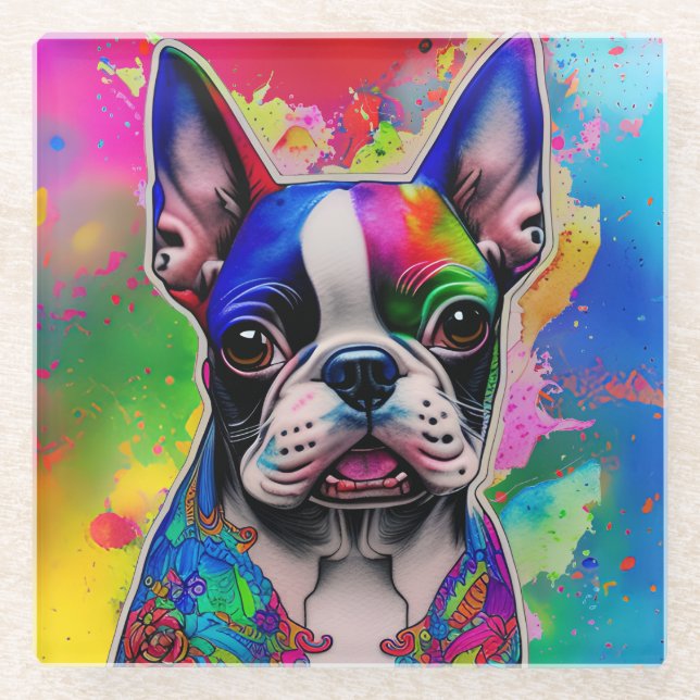 Farbenfrohe Boston Terrier Paint Splashes Glasuntersetzer (Vorderseite)