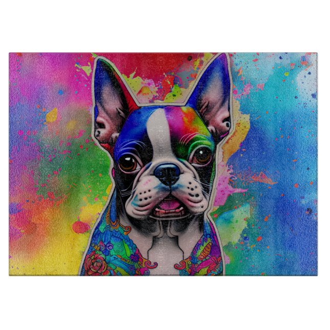 Farbenfrohe Boston Terrier Paint Splashes Schneidebrett (Vorderseite)