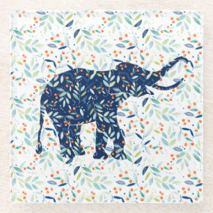 Farbenfrohe botanische Blätter Elephant Illustrati Glasuntersetzer