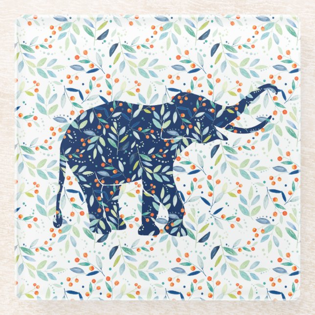 Farbenfrohe botanische Blätter Elephant Illustrati Glasuntersetzer (Vorderseite)