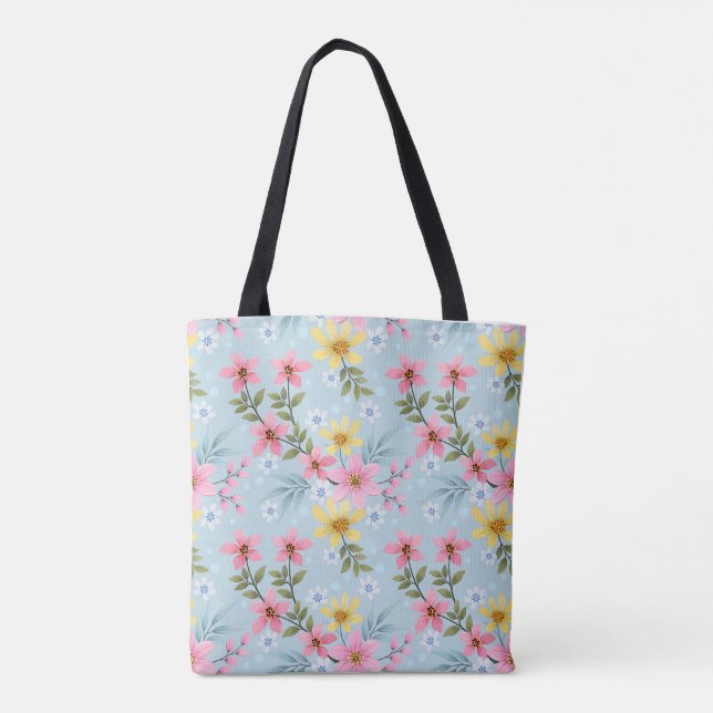 Farbenfrohe botanische Frühlingsblumen-Tragetasche (Rückseite)