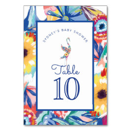 Farbenfrohe Botanische Storch Babydusche Tischnummer