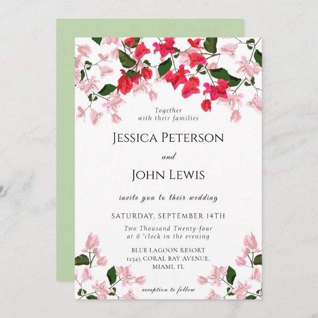 Farbenfrohe Bougainvillea Blume Einladung Hochzeit (Vorne/Hinten)