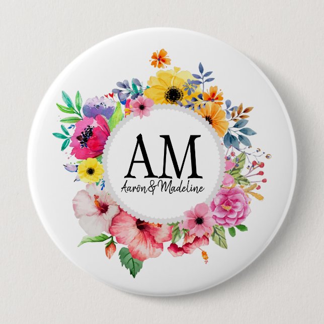 Farbenfrohe Bouquet mit individueller Floral Monog Button (Vorderseite)
