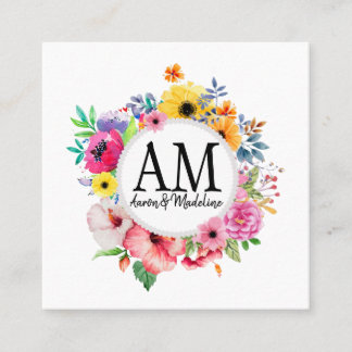 Farbenfrohe Bouquet mit individueller Floral Monog Quadratische Visitenkarte