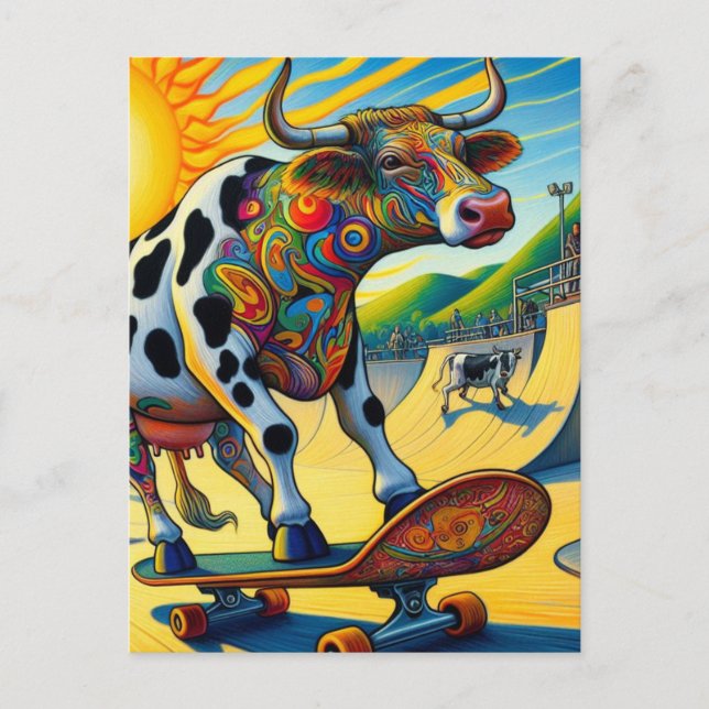 Farbenfrohe Bovine Skateboard Postkarte (Vorderseite)