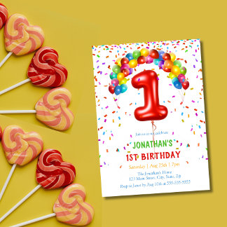 Farbenfrohe Bright Confetti Balloons 1. Geburtstag Einladung