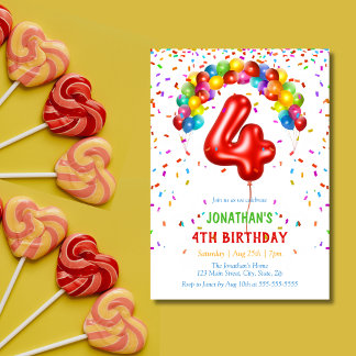 Farbenfrohe Bright Confetti Balloons 4. Geburtstag Einladung
