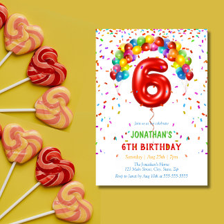 Farbenfrohe Bright Confetti Balloons 6. Geburtstag Einladung