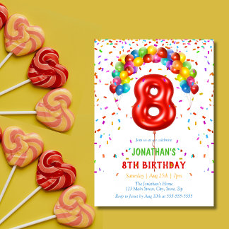 Farbenfrohe Bright Confetti Balloons 8. Geburtstag Einladung