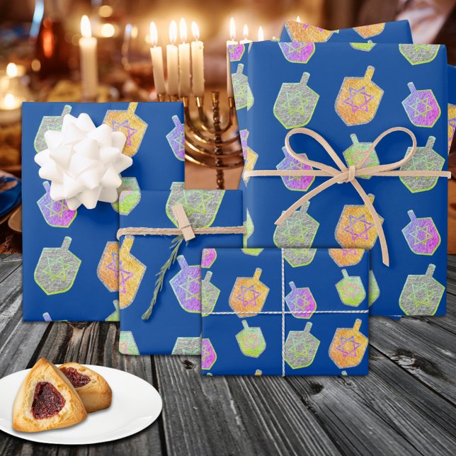 Farbenfrohe Bright Spinning Star Dreidels Hanukkah Geschenkpapier Set (Colorful Bright Spinning Star Dreidels Hanukkah Wrapping Paper Sheets)