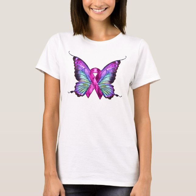 Farbenfrohe Brustkrebserkrankung Schmetterling T-Shirt (Vorderseite)
