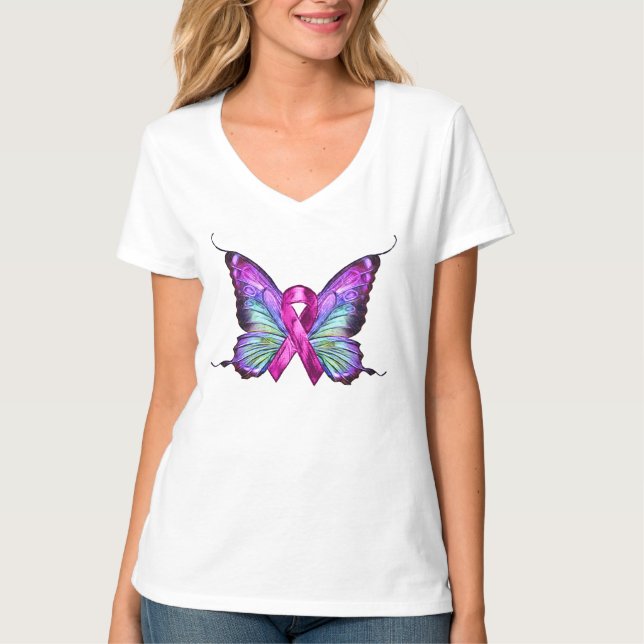 Farbenfrohe Brustkrebserkrankung Schmetterling T-Shirt (Vorderseite)