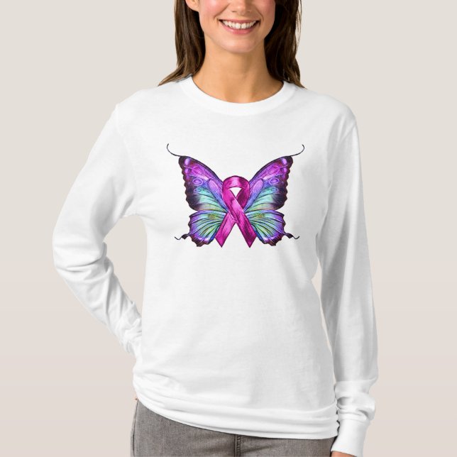 Farbenfrohe Brustkrebserkrankung Schmetterling T-Shirt (Vorderseite)