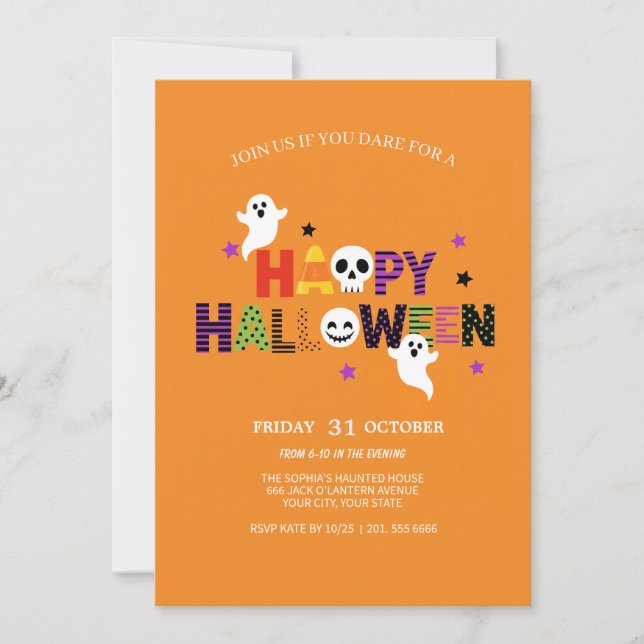 Farbenfrohe Buchstaben Spooky Halloween Einladung (Vorderseite)